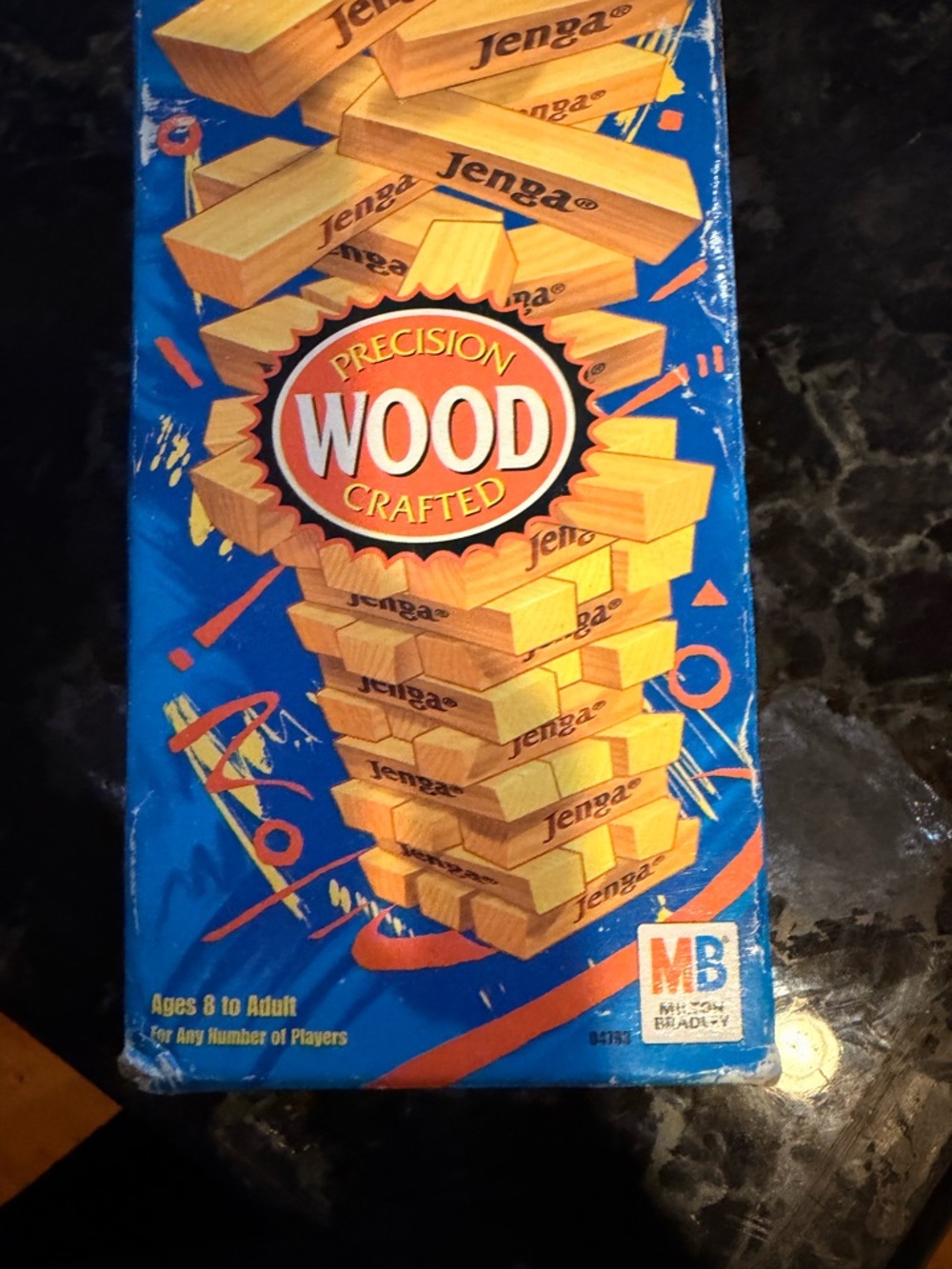 Jenga Classic Wooden Block Stacking Game - Natural Wood on Blue Box vintage